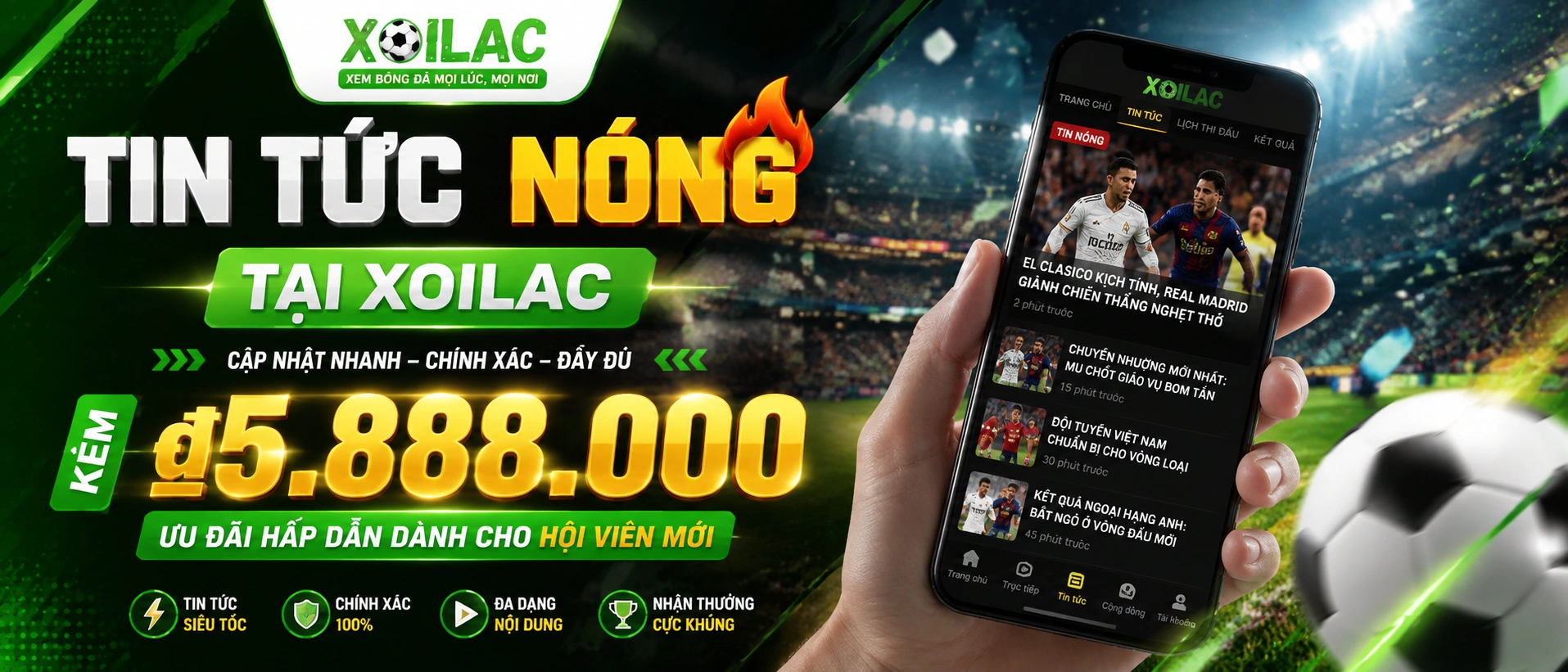 Giao diện trung tâm tin tức Xoilac trên nền tối, hiển thị các khối cập nhật nổi bật